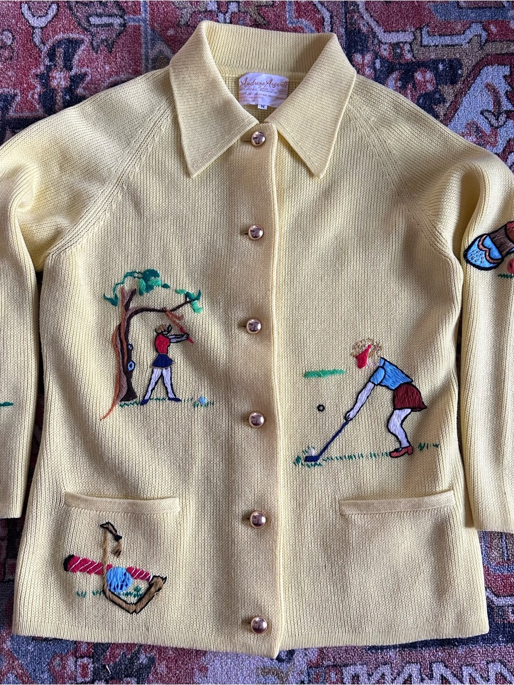 Andrew Marc Yellow Embroidered Golf Motif Cardigan